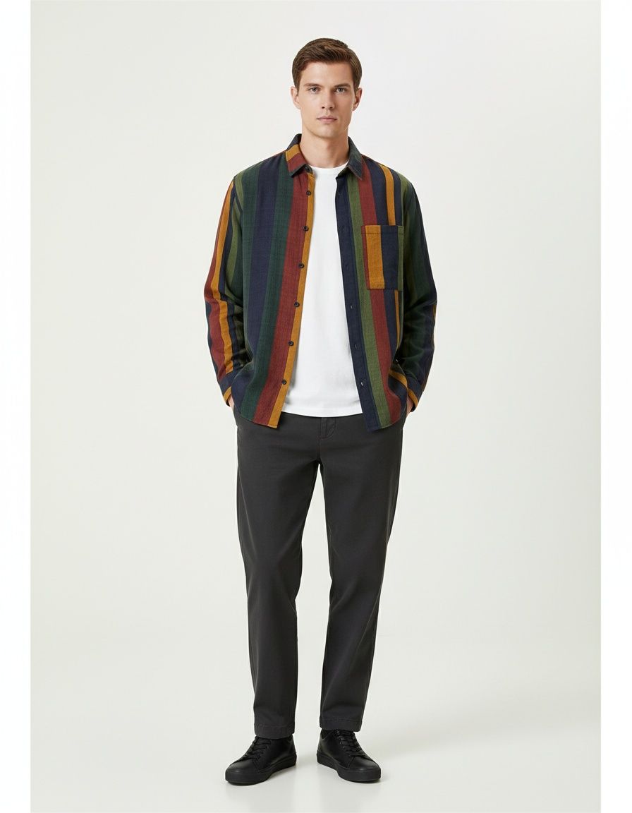 Men's Striped Breathable Cotton Linen Long Sleeve Shirt Contrast Color Casual Top