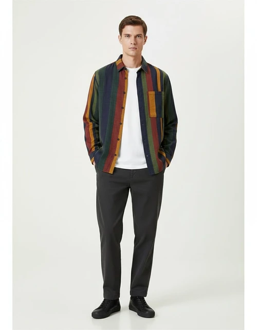 Men's Striped Breathable Cotton Linen Long Sleeve Shirt Contrast Color Casual Top