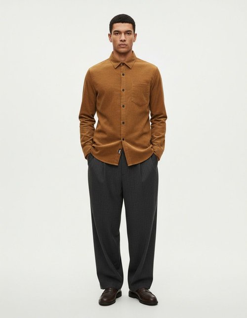 Camicia da uomo vintage in velluto a coste a maniche lunghe, stile retrò, con bottoni - tinta unita