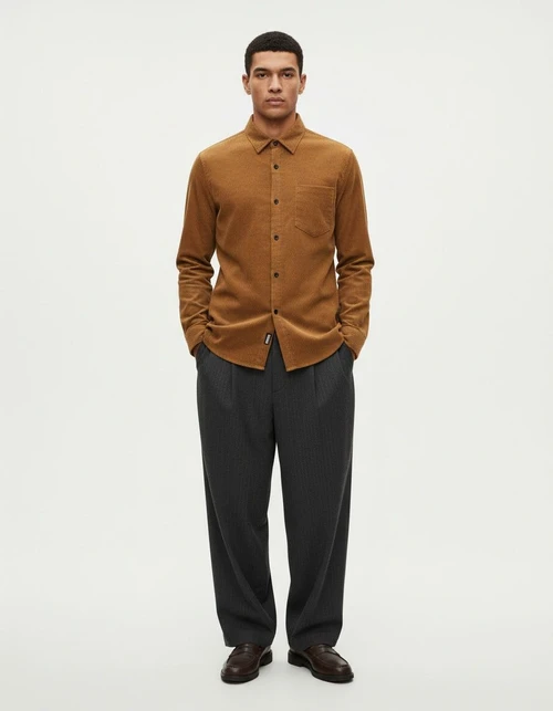 Men's Vintage Corduroy Long Sleeve Retro Button-Down Shirt - Solid Color