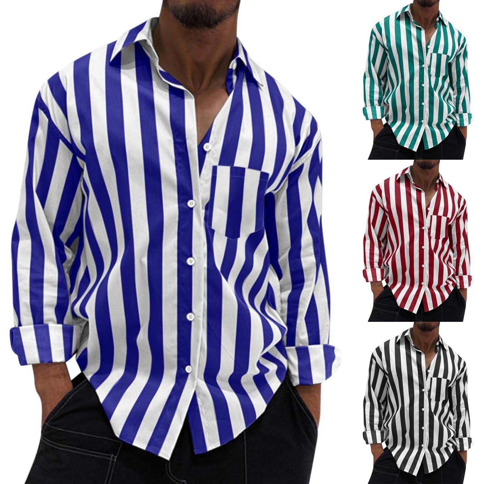 Camisa informal de rayas para hombre - Camisa holgada con solapa retro