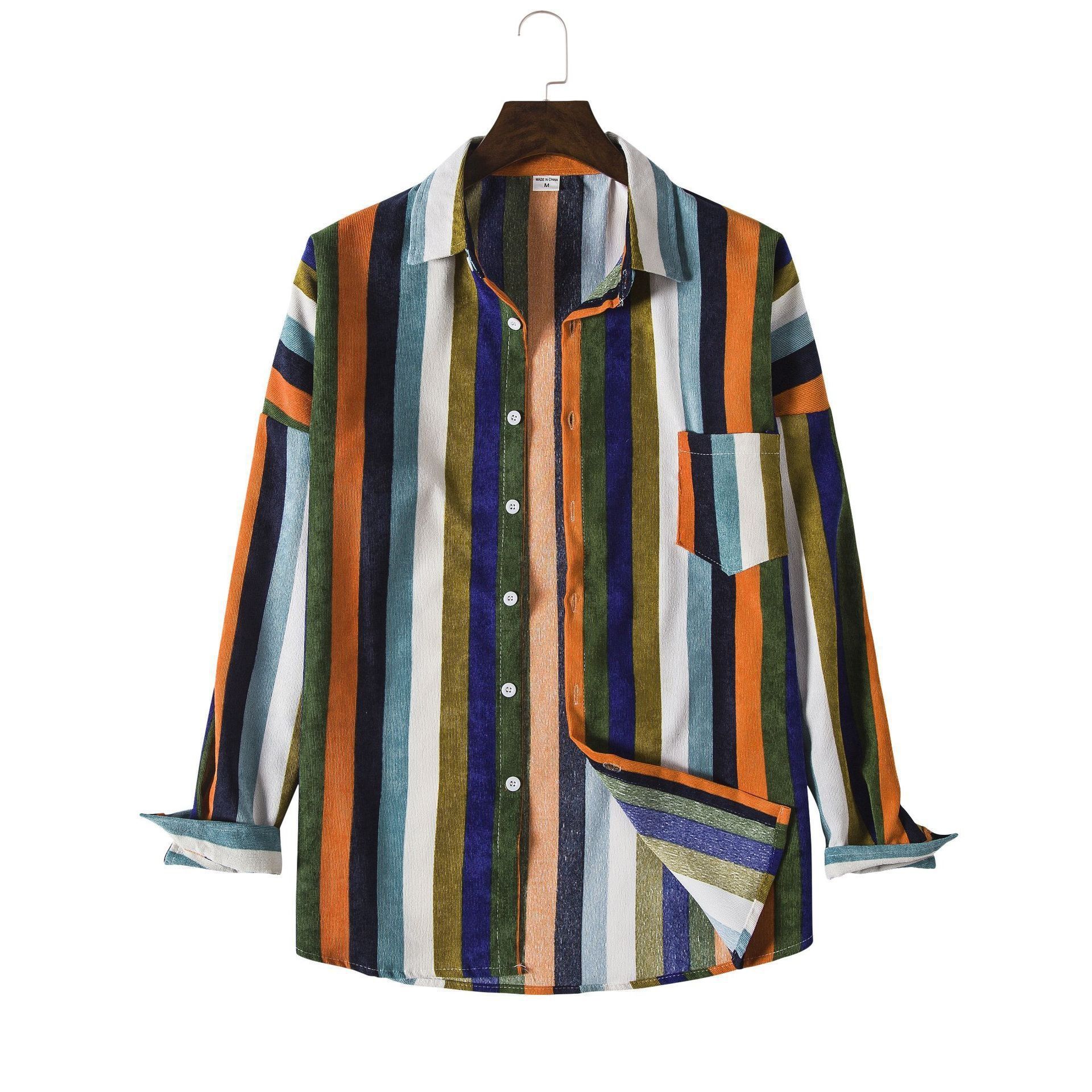 Men's Contrast Striped Corduroy Long Sleeve Shirt