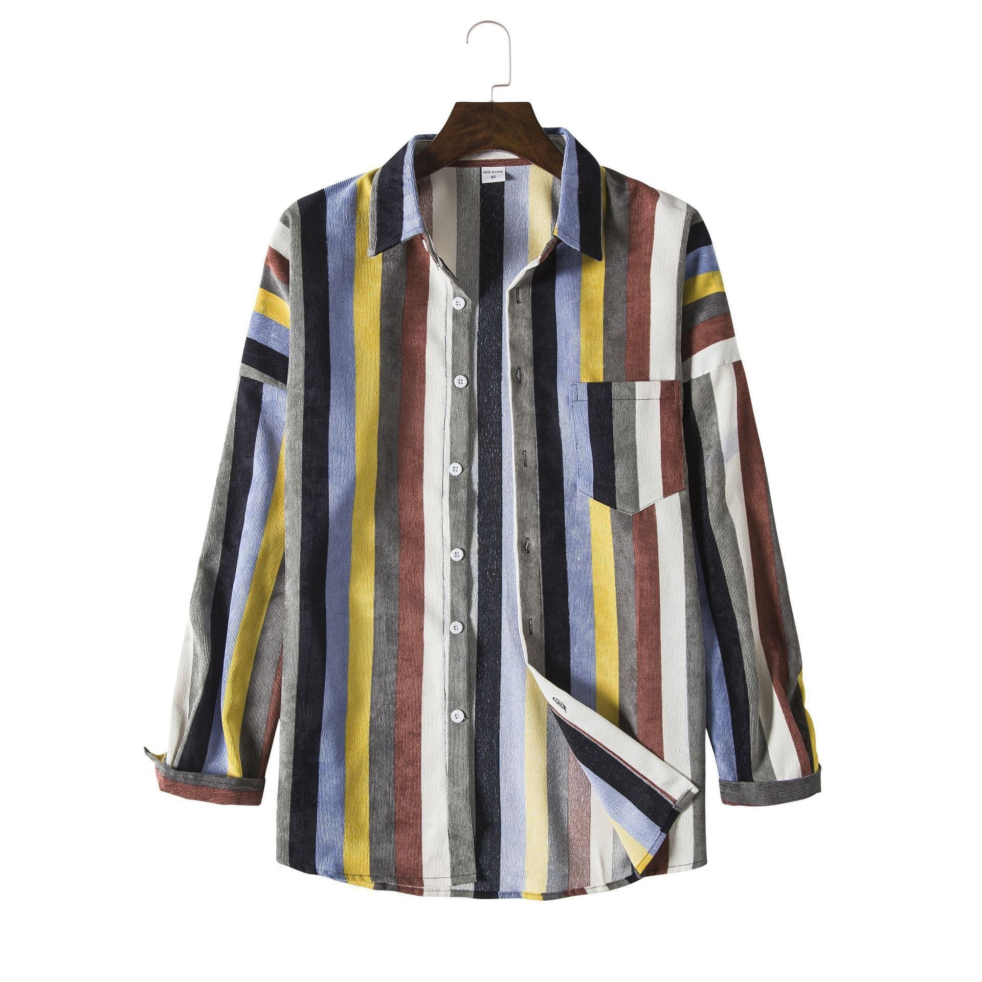 Men's Contrast Striped Corduroy Long Sleeve Shirt
