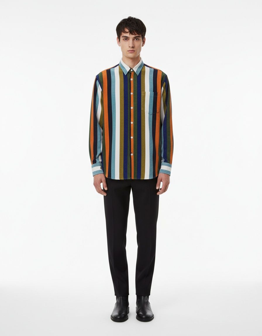 Men's Contrast Striped Corduroy Long Sleeve Shirt