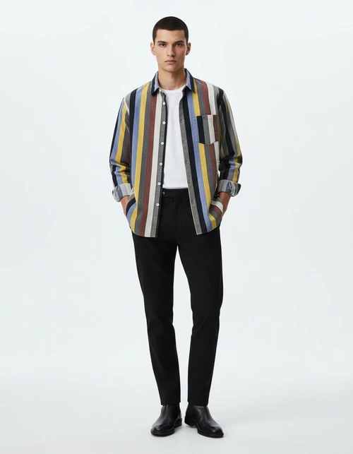 Men's Contrast Striped Corduroy Long Sleeve Shirt