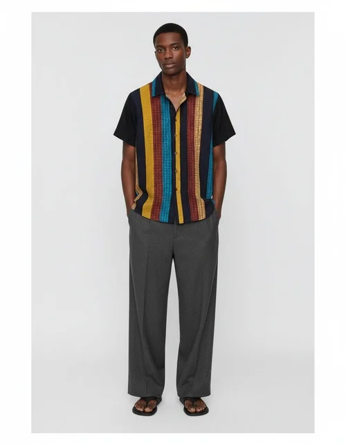 Camicia da uomo a maniche corte a righe, traspirante e dalla vestibilità ampia.