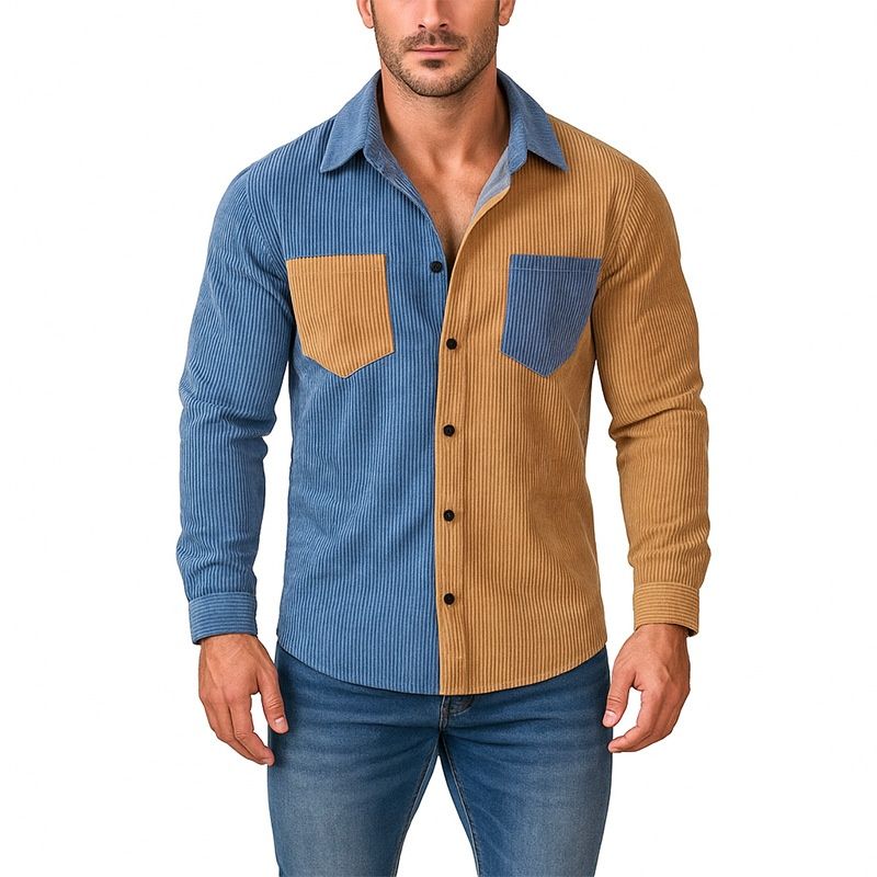 Men's Fashion Color-Block Patchwork Corduroy Long Sleeve Shirt