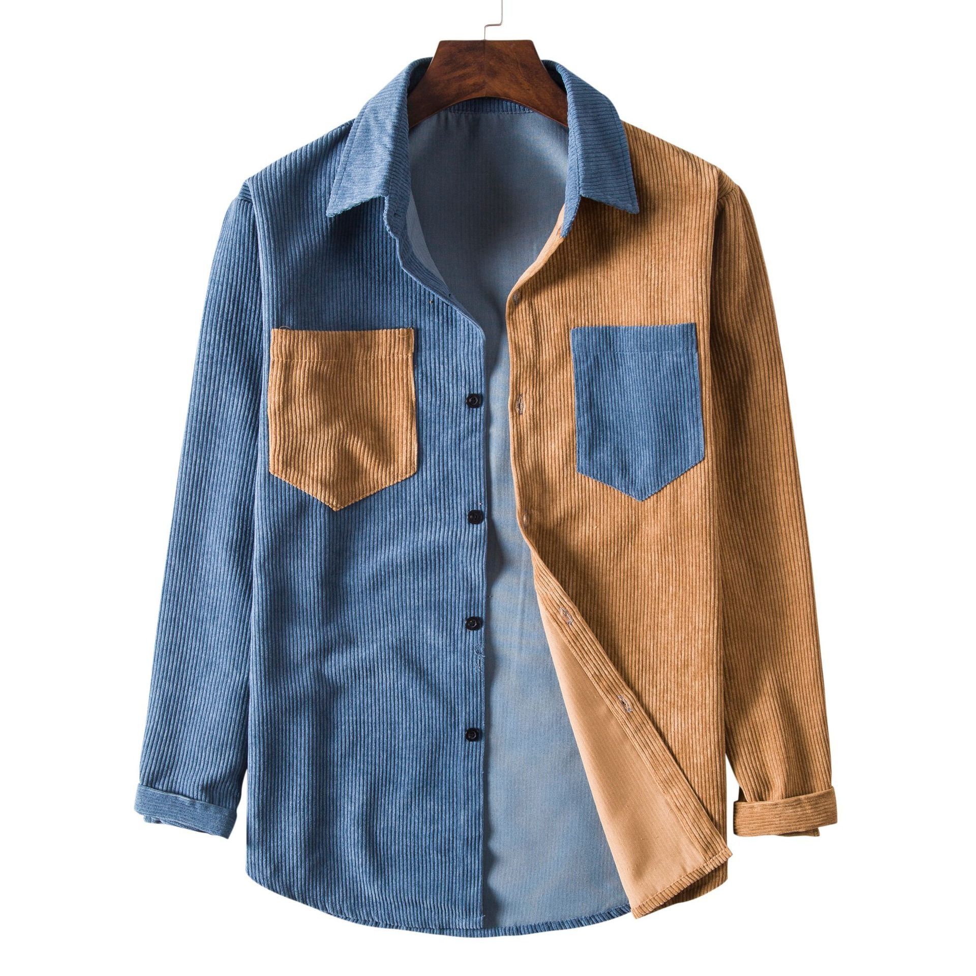 Men's Fashion Color-Block Patchwork Corduroy Long Sleeve Shirt