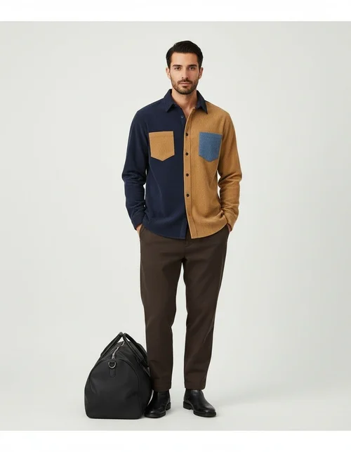 Camicia da uomo a maniche lunghe in velluto a coste con inserti a blocchi di colore.