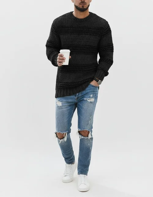 Maglione da uomo girocollo a righe in maglia