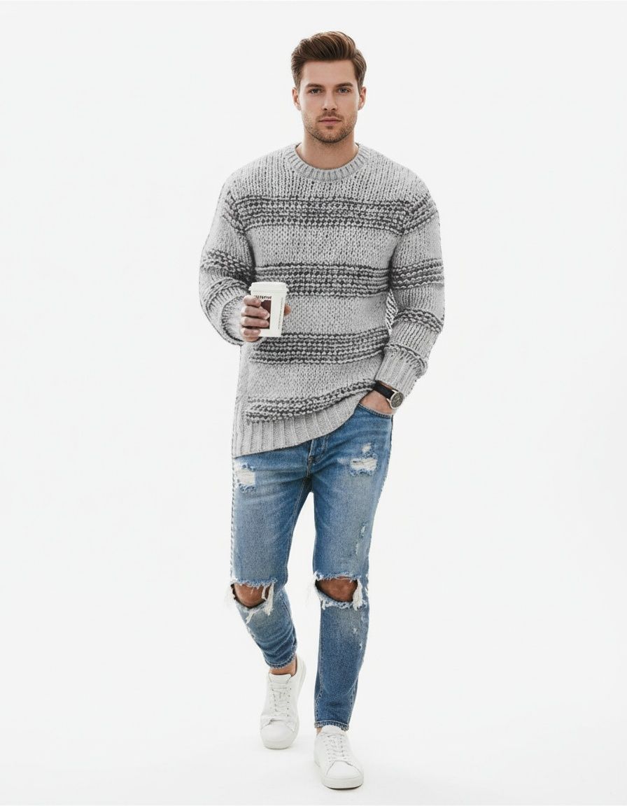 Men's Fashion Crewneck Striped Knitted Pullover