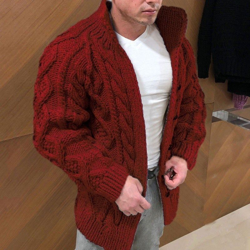 Men's Heavyweight Cable Stand Collar Jacquard Knit Cardigan