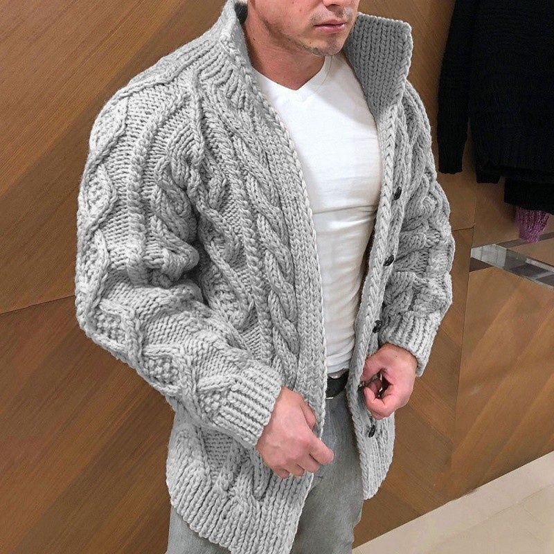 Men's Heavyweight Cable Stand Collar Jacquard Knit Cardigan