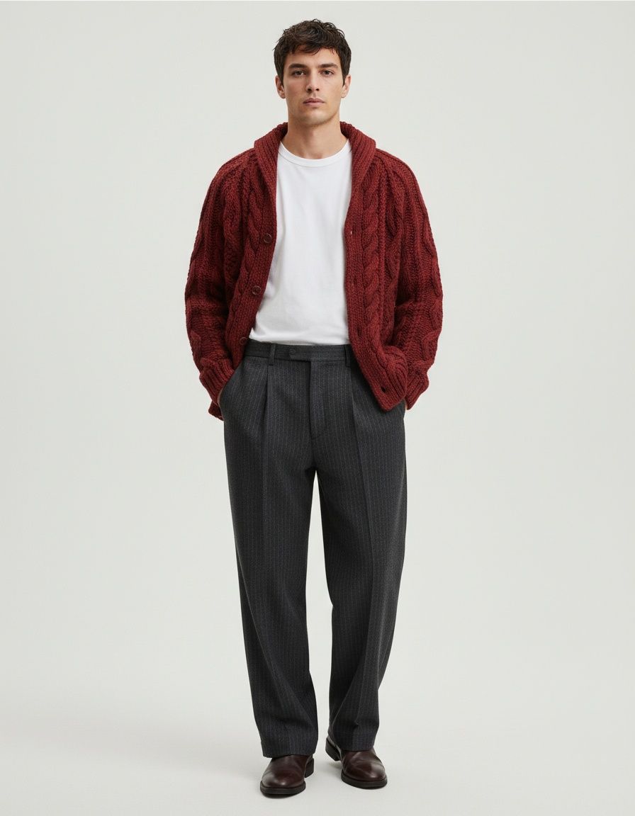 Men's Heavyweight Cable Stand Collar Jacquard Knit Cardigan