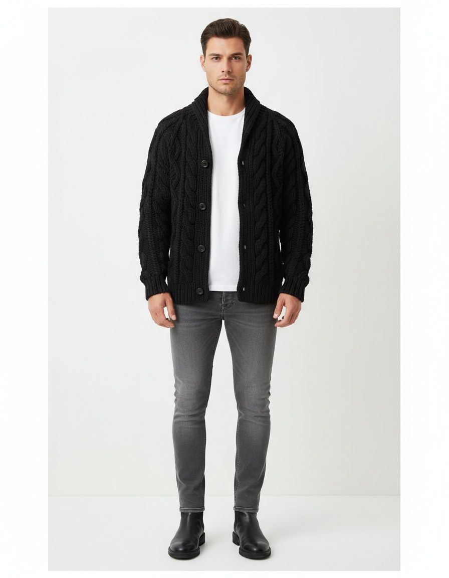 Men's Heavyweight Cable Stand Collar Jacquard Knit Cardigan