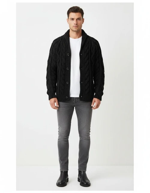 Men's Heavyweight Cable Stand Collar Jacquard Knit Cardigan