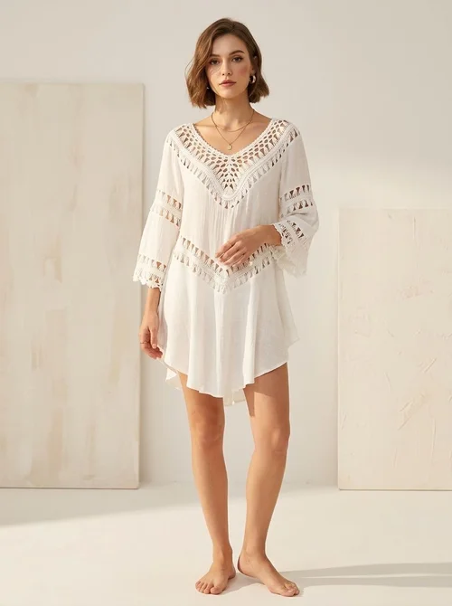 Tunica boho all'uncinetto con scollo a V, copricostume da spiaggia