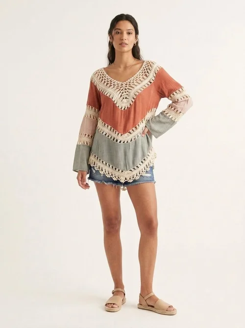Boho Crochet Color Block Tunic Top - Long Sleeve V-Neck