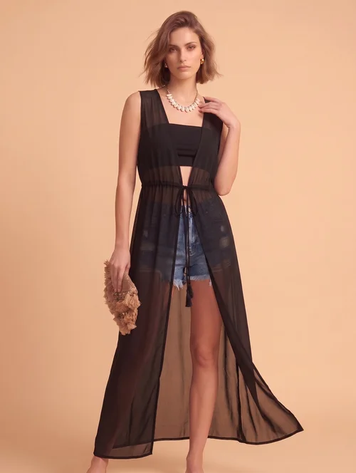 Elegant Sheer Black V-Neck Beach Cover Up Dress for Women