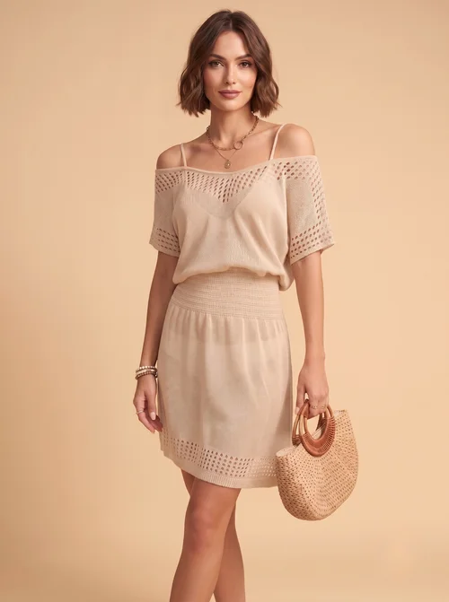 Crochet Knit Beach Cover Up Dress - V-Neck Mini Swimwear