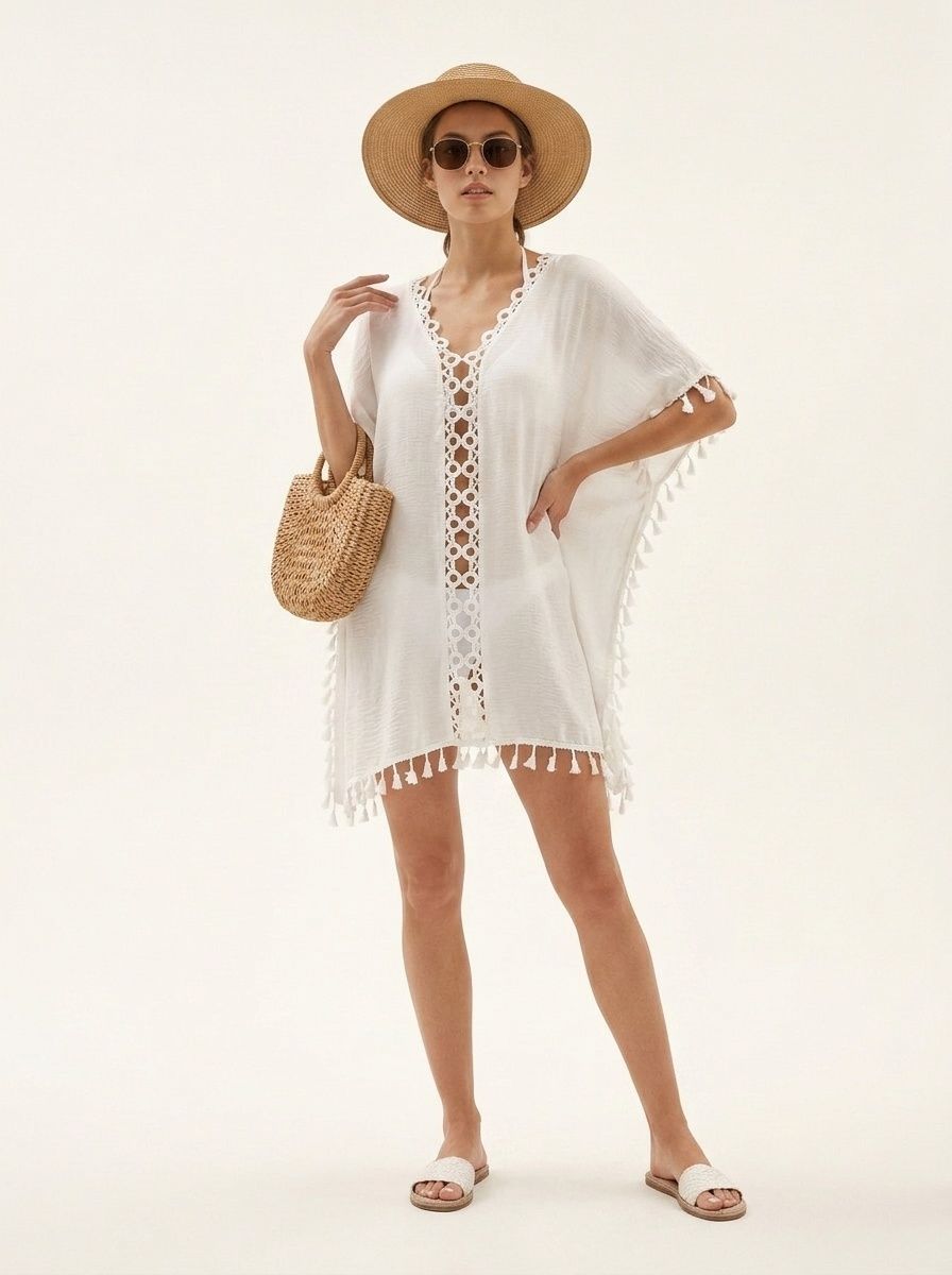 White Crochet V-Neck Tassel Beach Cover Up Kaftan