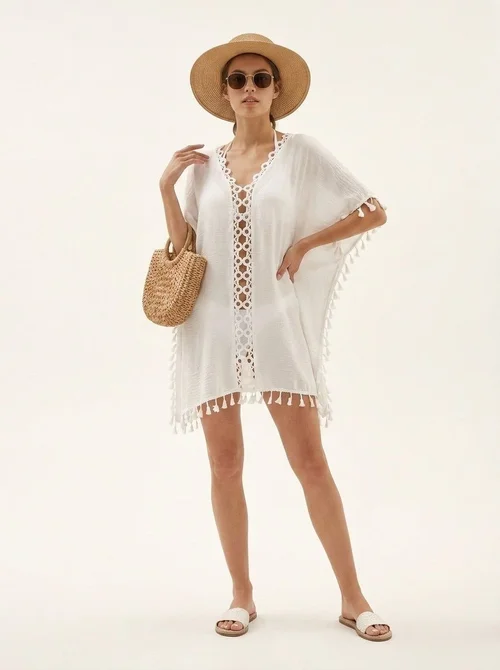 White Crochet V-Neck Tassel Beach Cover Up Kaftan