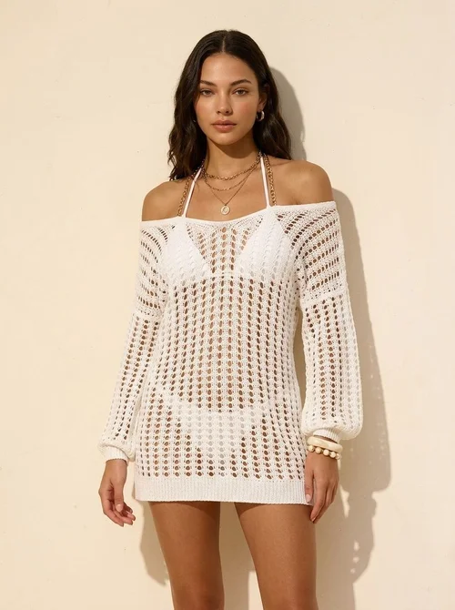 Women's Crochet Knit Off-Shoulder Beach Cover Up Sweater