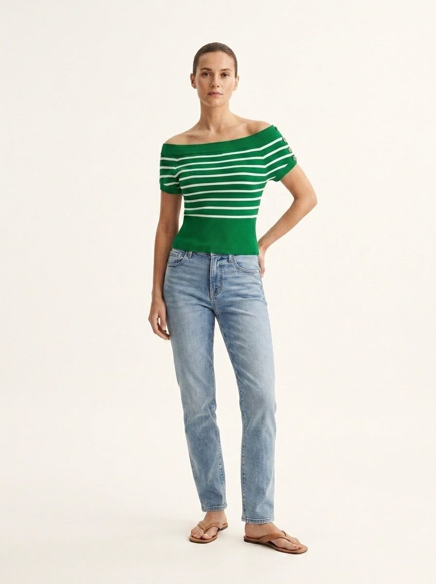 Women's Striped Off-Shoulder Knit Top - Short Sleeve