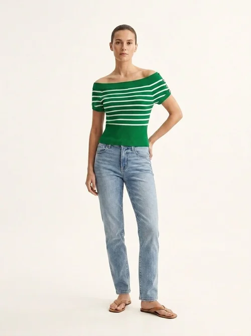 Women's Striped Off-Shoulder Knit Top - Short Sleeve
