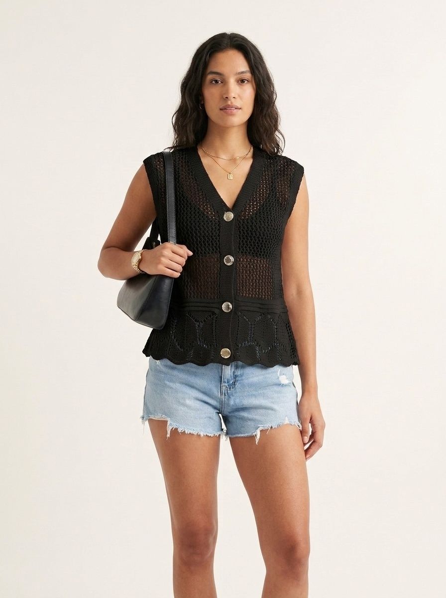 Women's Crochet Knit Button-Front V-Neck Sleeveless Top