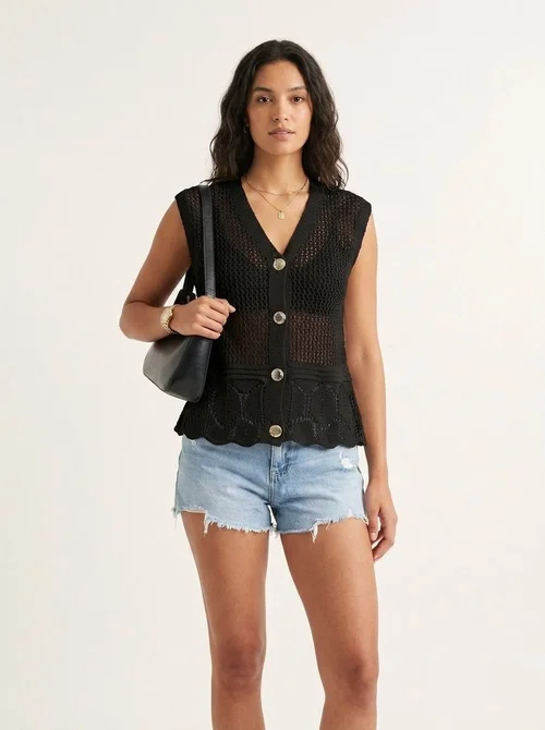 Women's Crochet Knit Button-Front V-Neck Sleeveless Top