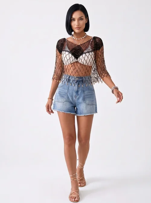 Sparkle Beaded Crochet Beach Cover Up Top
