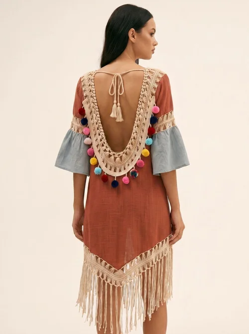 Boho Crochet Fringe Beach Cover-Up Dress - V-Neck Swimwear