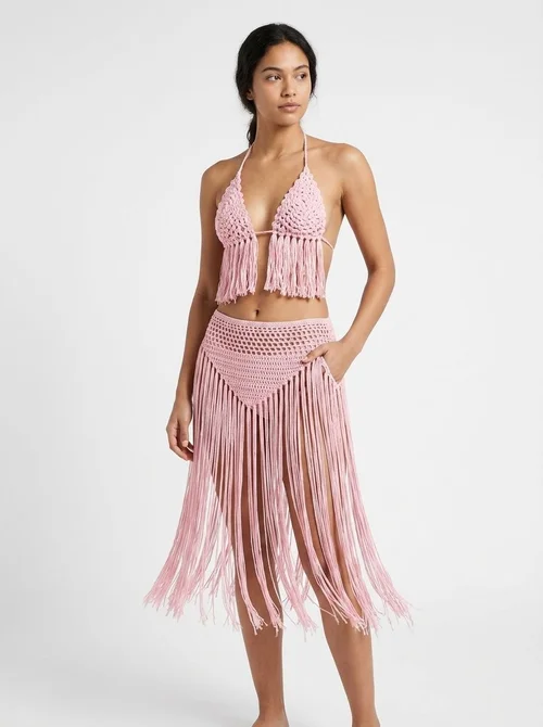 Pink Crochet Fringe Bikini Top & Skirt Beach Cover-Up Set