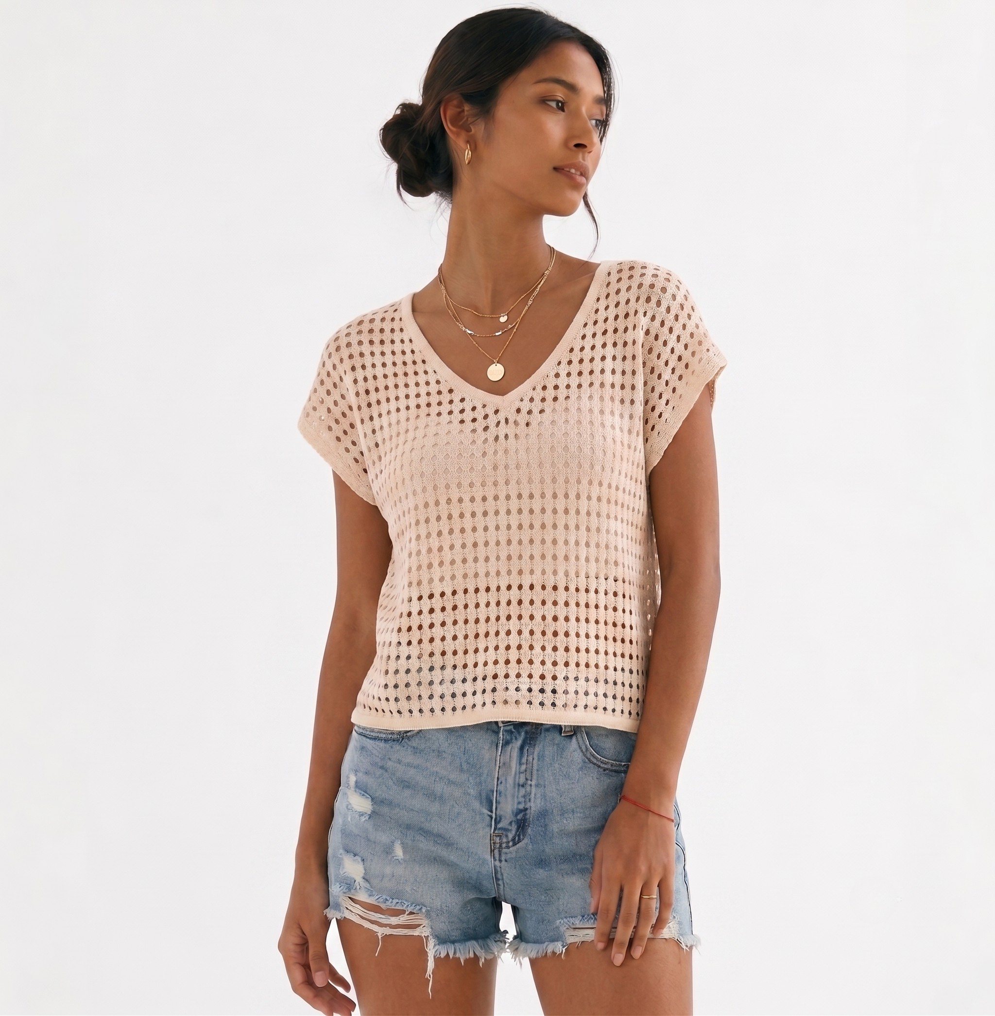 Women's Crochet Knit V-Neck Short Sleeve Beach Cover Up Top