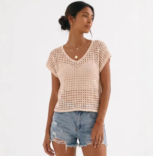 Women's Crochet Knit V-Neck Short Sleeve Beach Cover Up Top