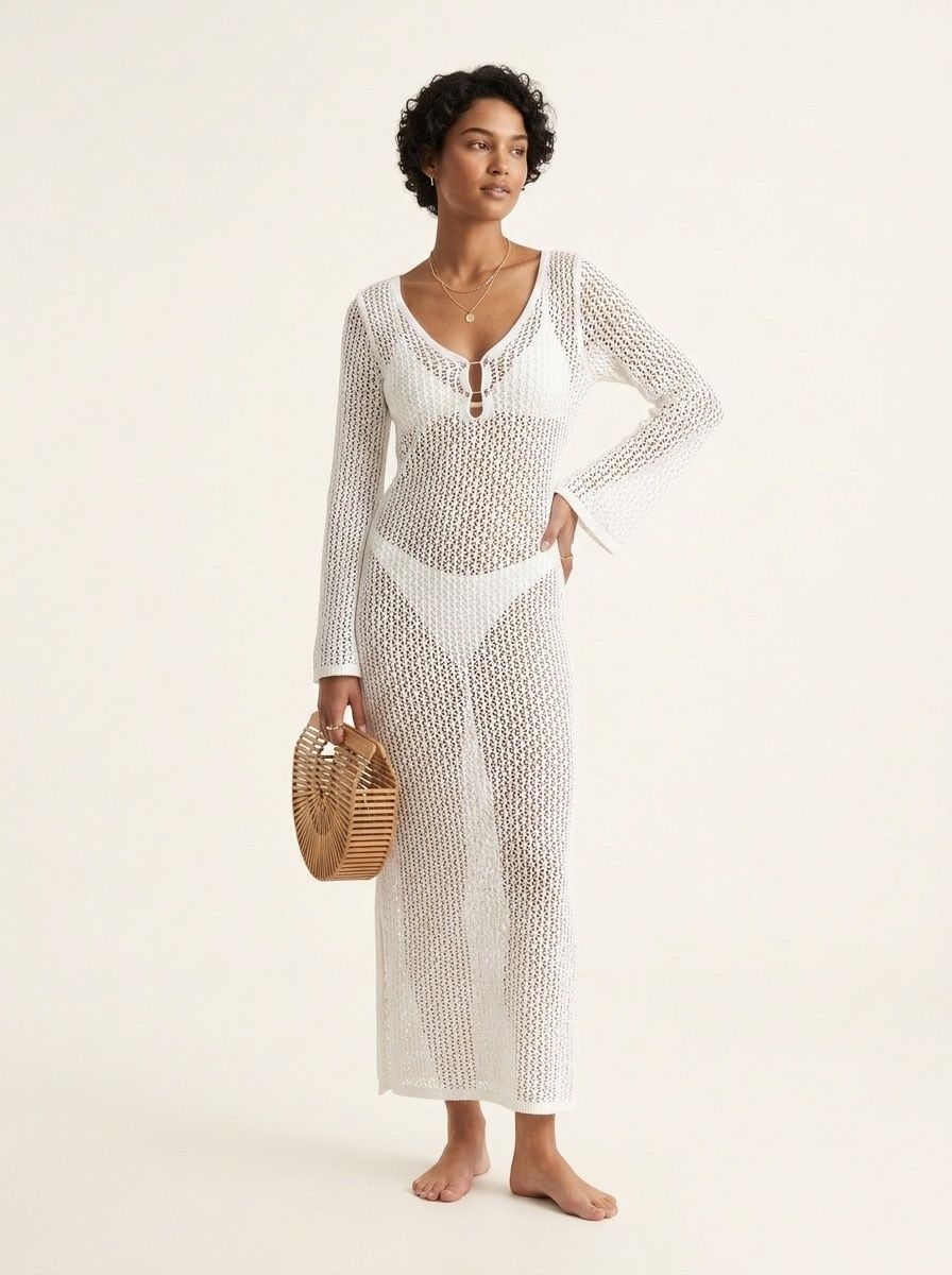 Women's Crochet Knit Long Sleeve Beach Cover Up Maxi Dress
