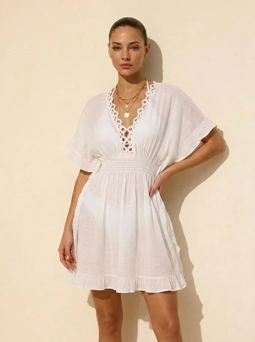 Women's V-Neck Smocked Waist Beach Cover-Up Dress