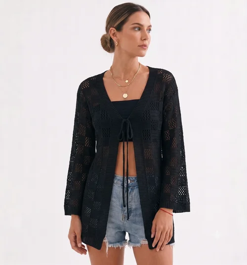 Women's Crochet Knit Beach Cover Up Cardigan V-Neck Tie Front