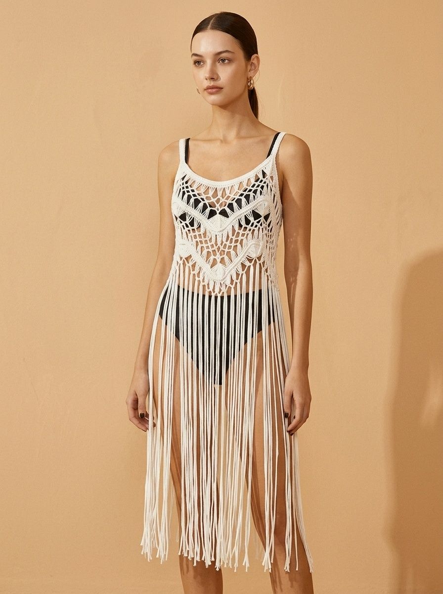 Crochet Fringe Beach Cover-Up Dress - Boho Swimwear