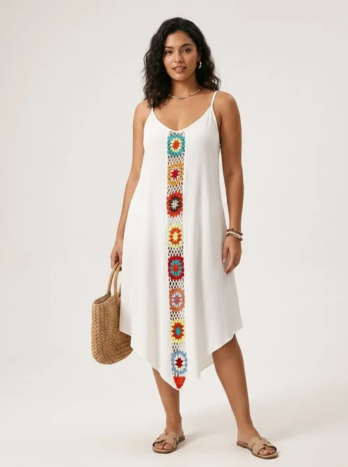 White Crochet Panel Asymmetrical Hem Beach Cover-Up Dress