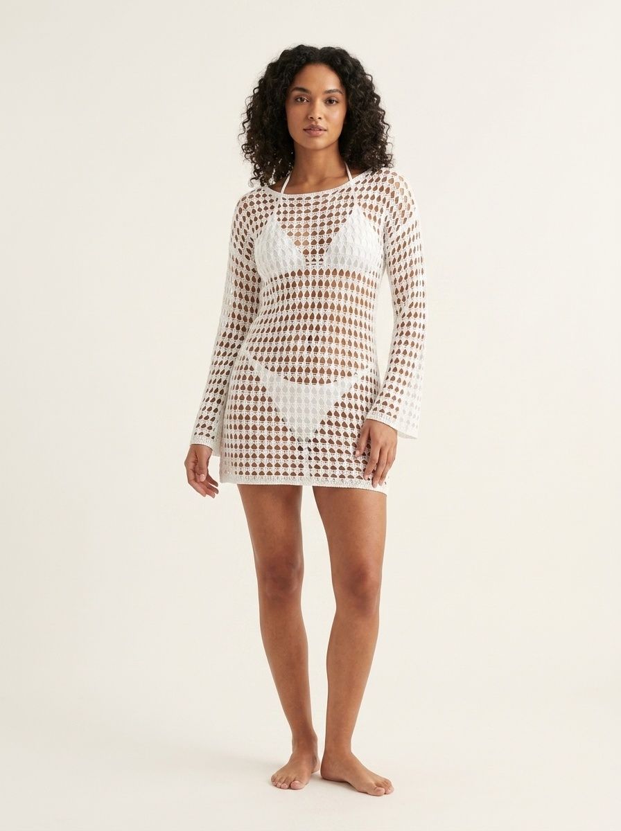 Women's Crochet Knit Beach Cover Up Dress Long Sleeve Swimwear