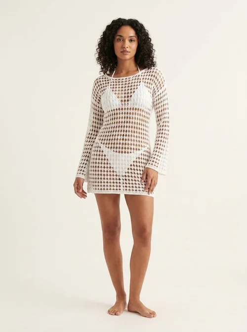 Women's Crochet Knit Beach Cover Up Dress Long Sleeve Swimwear