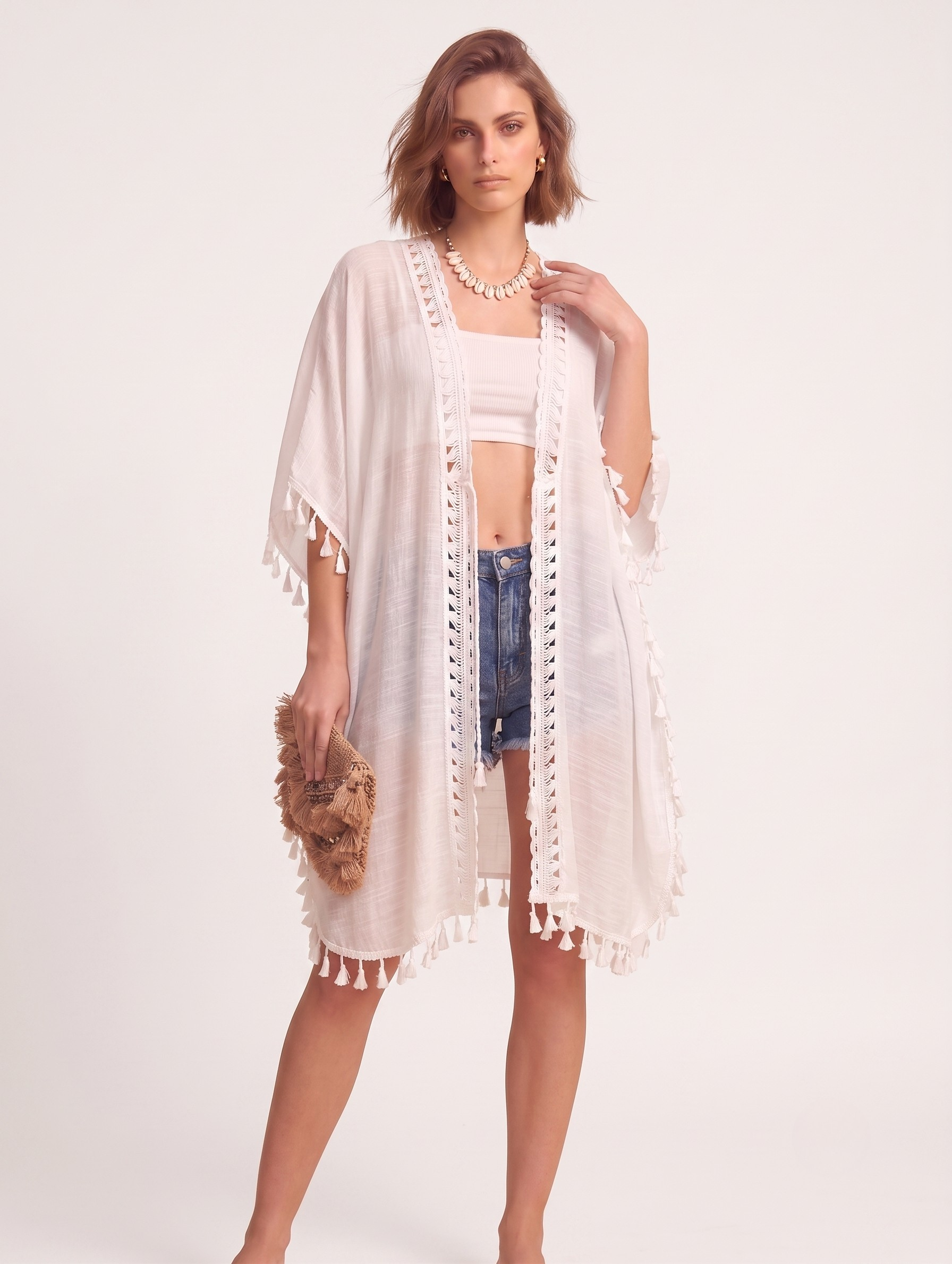 White Tassel Trim Beach Kimono Cover-Up - Sheer Swimwear