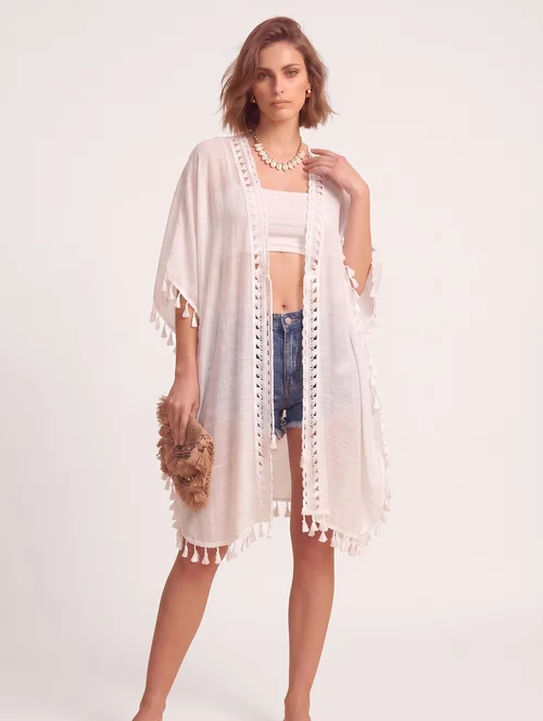 White Tassel Trim Beach Kimono Cover-Up - Sheer Swimwear