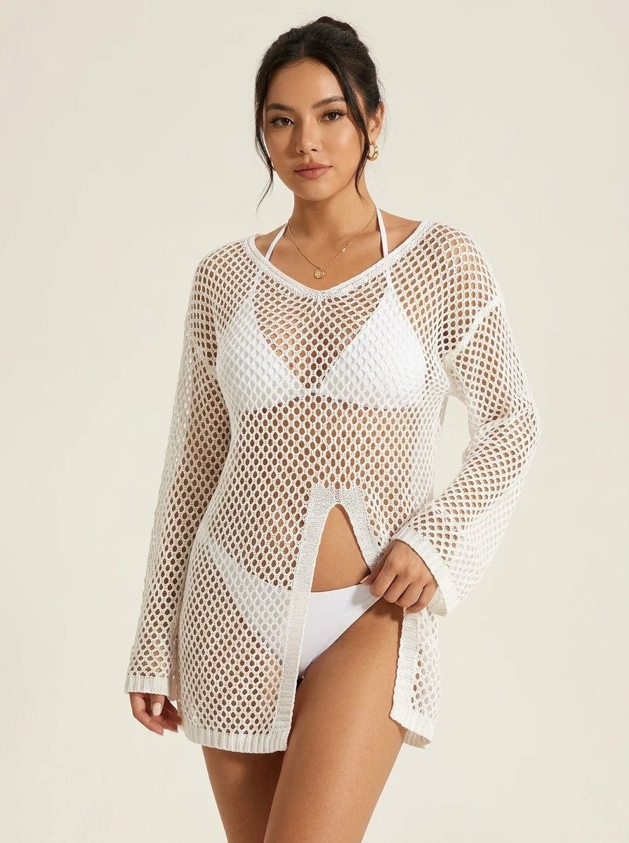 Women's V-Neck Mesh Knit Beach Cover Up Swimsuit Dress