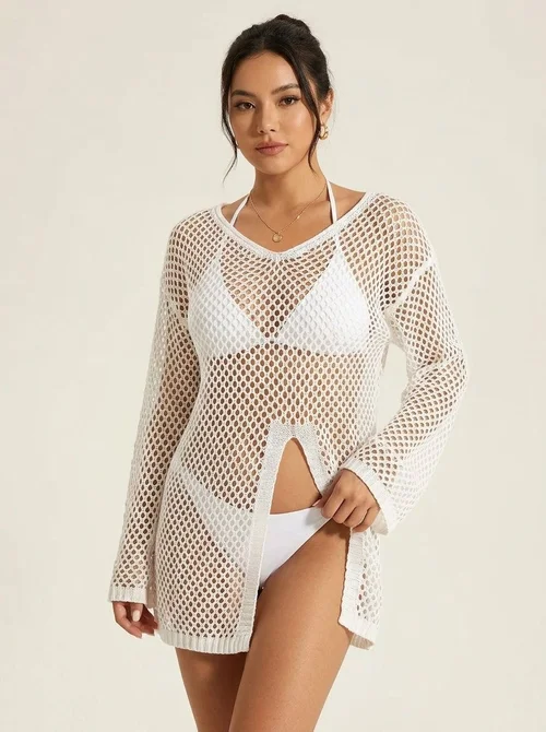 Women's V-Neck Mesh Knit Beach Cover Up Swimsuit Dress