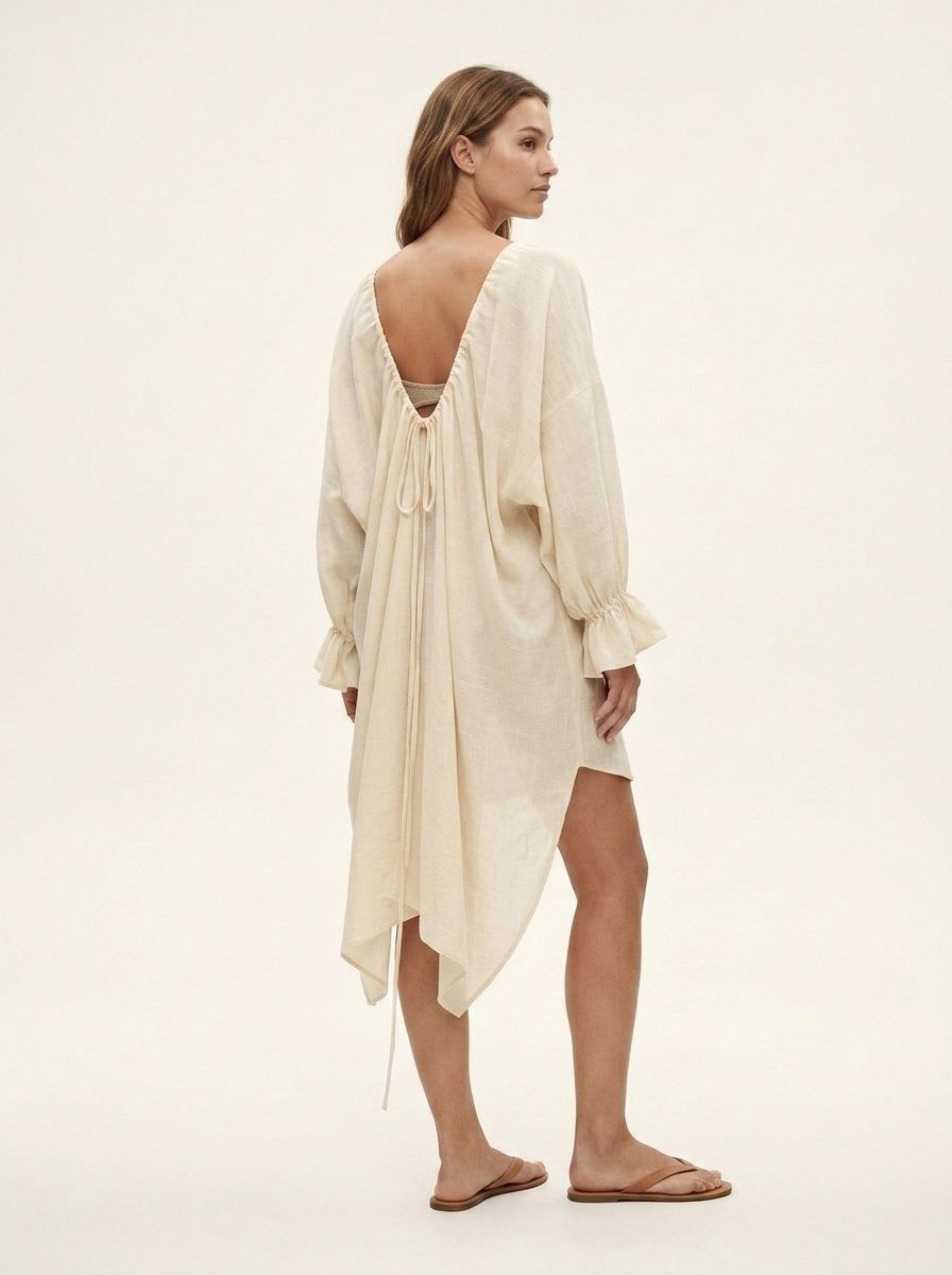 Boho Long Sleeve Beach Cover-Up Dress - Open Back Maxi