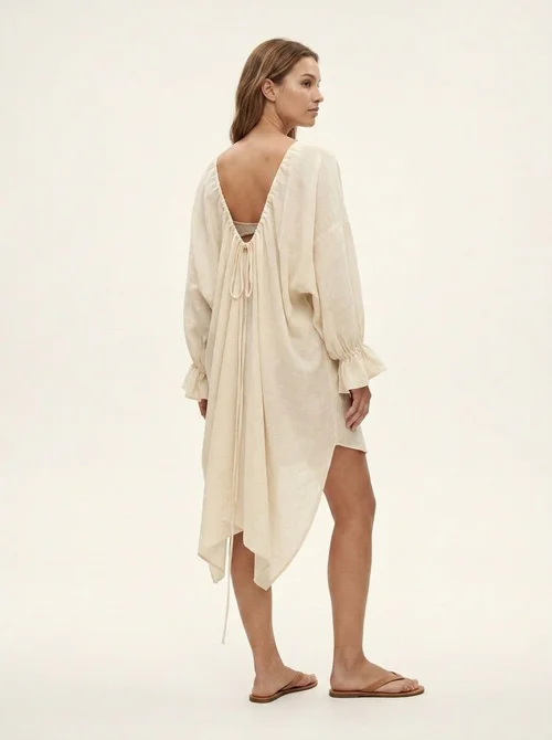 Boho Long Sleeve Beach Cover-Up Dress - Open Back Maxi