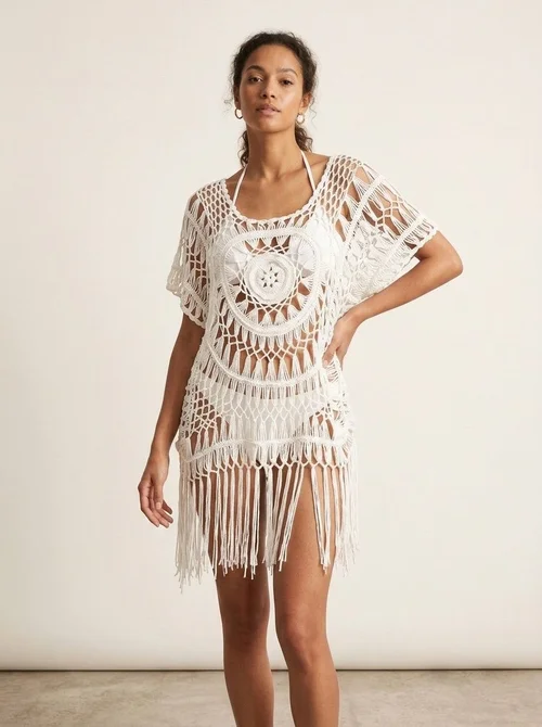Crochet Fringe Beach Cover-Up Dress - Swimwear Tunic